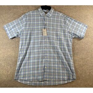 NWT Peter Millar Crown Sport Large L Light Blue Plaid Short Sleeve Summer Shirt